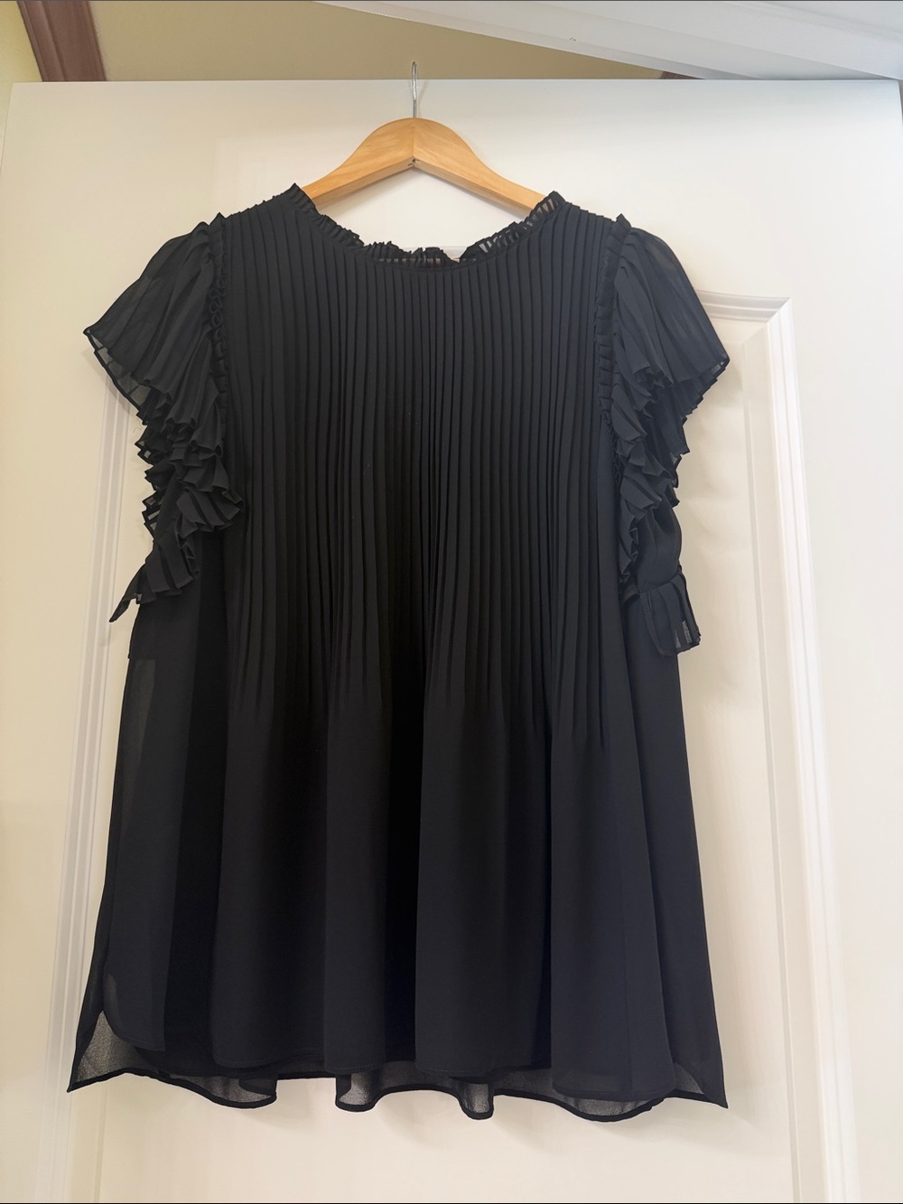 Ann Taylor Black Pleated Ruffle Sleeve Blouse
